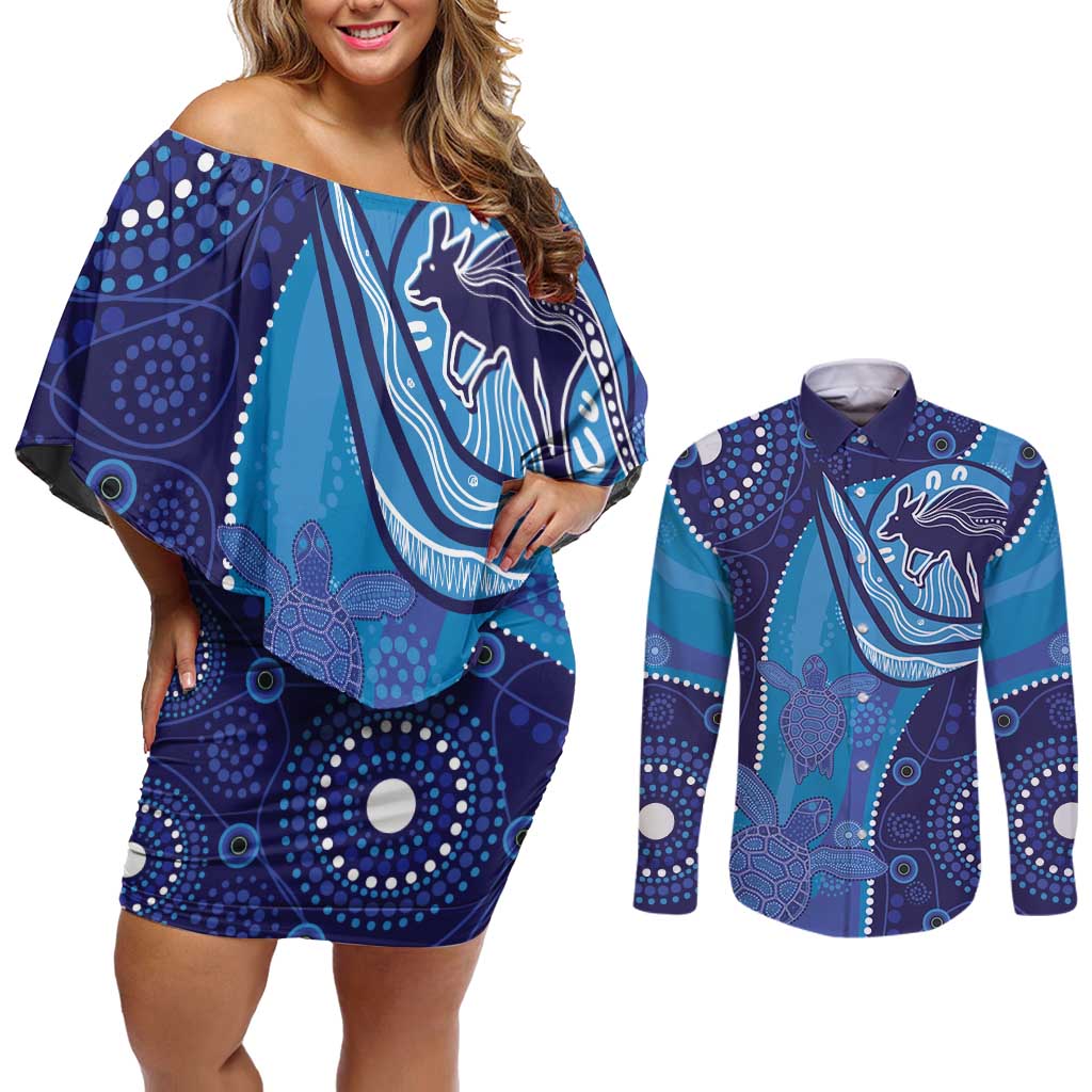 Australia Ngarrindjeri Couples Matching Off Shoulder Short Dress and Long Sleeve Button Shirt Animal Aboriginal Art