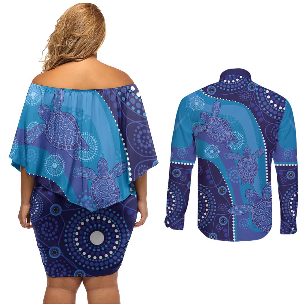 Australia Ngarrindjeri Couples Matching Off Shoulder Short Dress and Long Sleeve Button Shirt Animal Aboriginal Art
