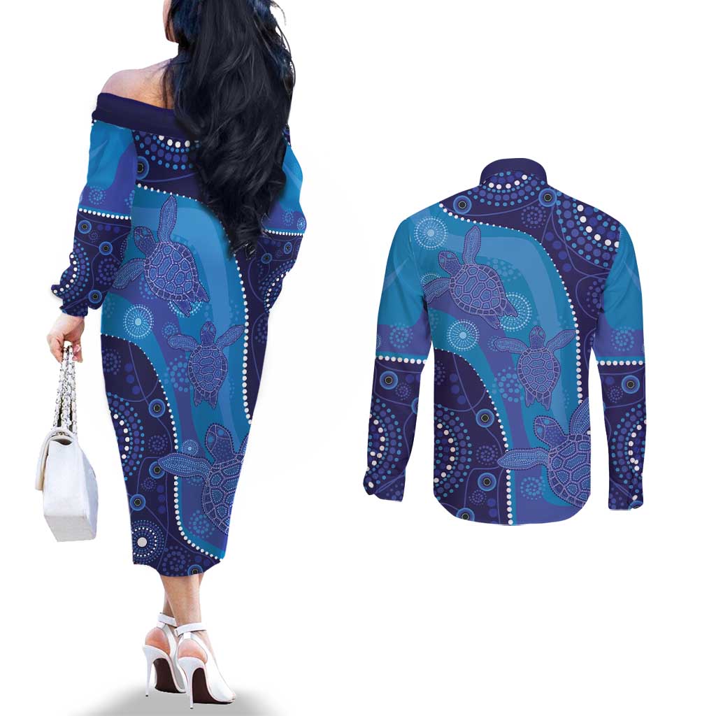 Australia Ngarrindjeri Couples Matching Off The Shoulder Long Sleeve Dress and Long Sleeve Button Shirt Animal Aboriginal Art