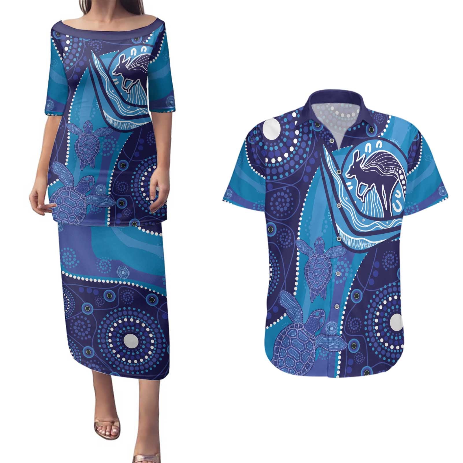 Australia Ngarrindjeri Couples Matching Puletasi and Hawaiian Shirt Animal Aboriginal Art