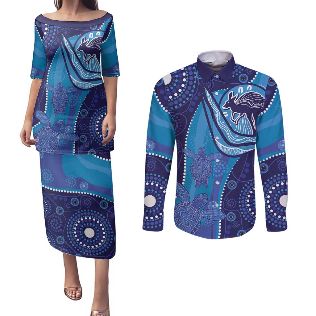 Australia Ngarrindjeri Couples Matching Puletasi and Long Sleeve Button Shirt Animal Aboriginal Art