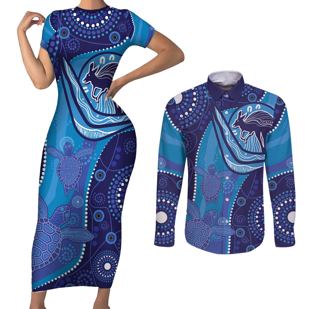 Australia Ngarrindjeri Couples Matching Short Sleeve Bodycon Dress and Long Sleeve Button Shirt Animal Aboriginal Art