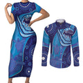 Australia Ngarrindjeri Couples Matching Short Sleeve Bodycon Dress and Long Sleeve Button Shirt Animal Aboriginal Art