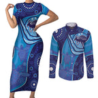 Australia Ngarrindjeri Couples Matching Short Sleeve Bodycon Dress and Long Sleeve Button Shirt Animal Aboriginal Art