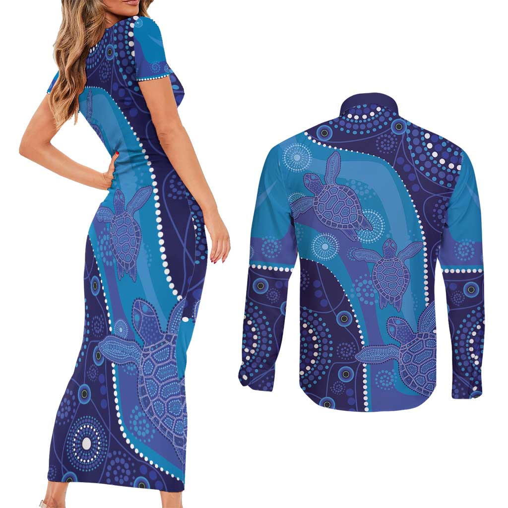 Australia Ngarrindjeri Couples Matching Short Sleeve Bodycon Dress and Long Sleeve Button Shirt Animal Aboriginal Art