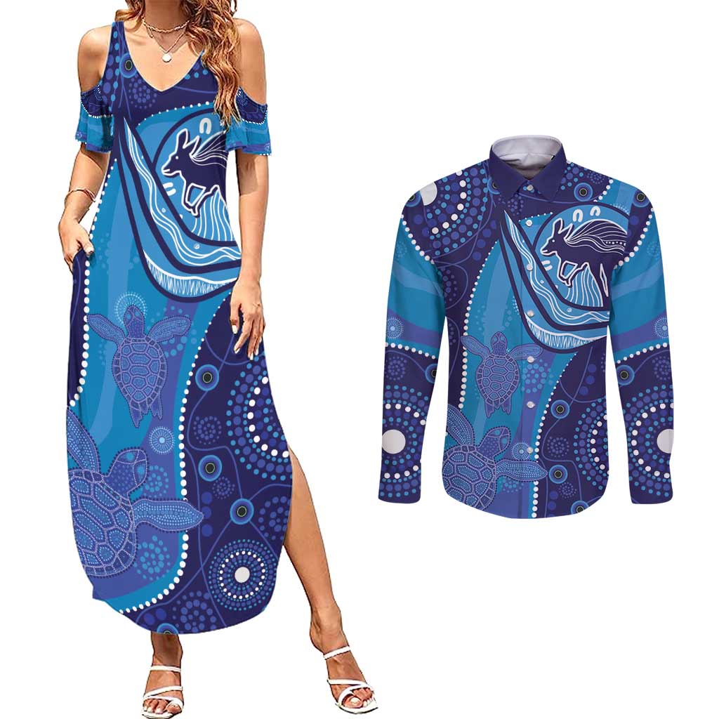 Australia Ngarrindjeri Couples Matching Summer Maxi Dress and Long Sleeve Button Shirt Animal Aboriginal Art