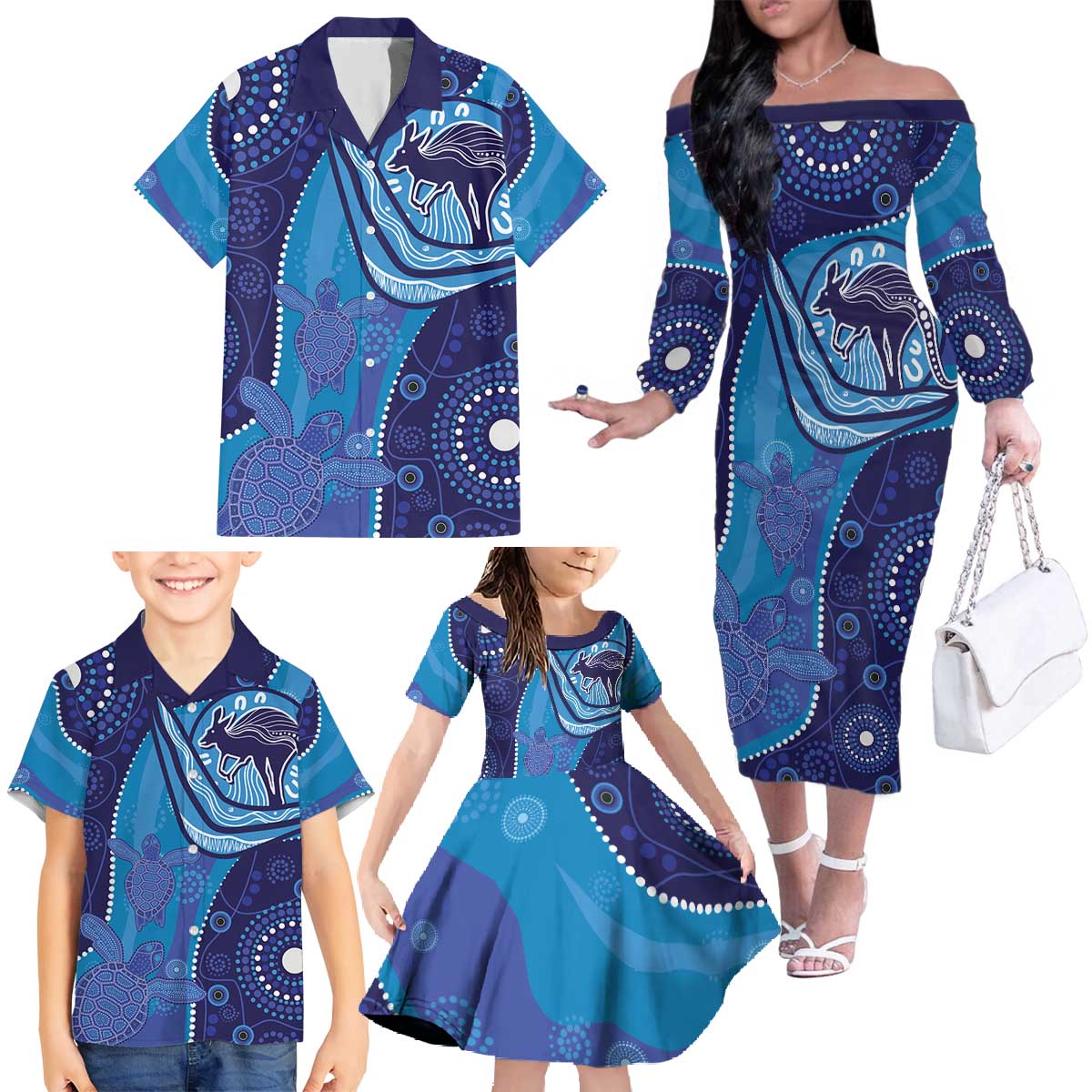 Australia Ngarrindjeri Family Matching Off The Shoulder Long Sleeve Dress and Hawaiian Shirt Animal Aboriginal Art