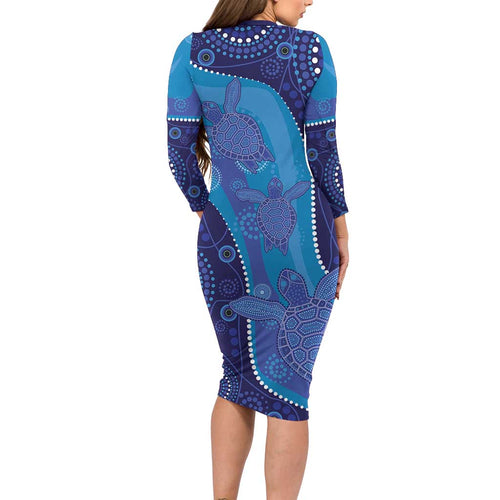 Australia Ngarrindjeri Long Sleeve Bodycon Dress Animal Aboriginal Art