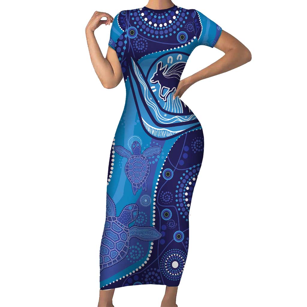 Australia Ngarrindjeri Short Sleeve Bodycon Dress Animal Aboriginal Art