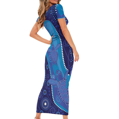 Australia Ngarrindjeri Short Sleeve Bodycon Dress Animal Aboriginal Art