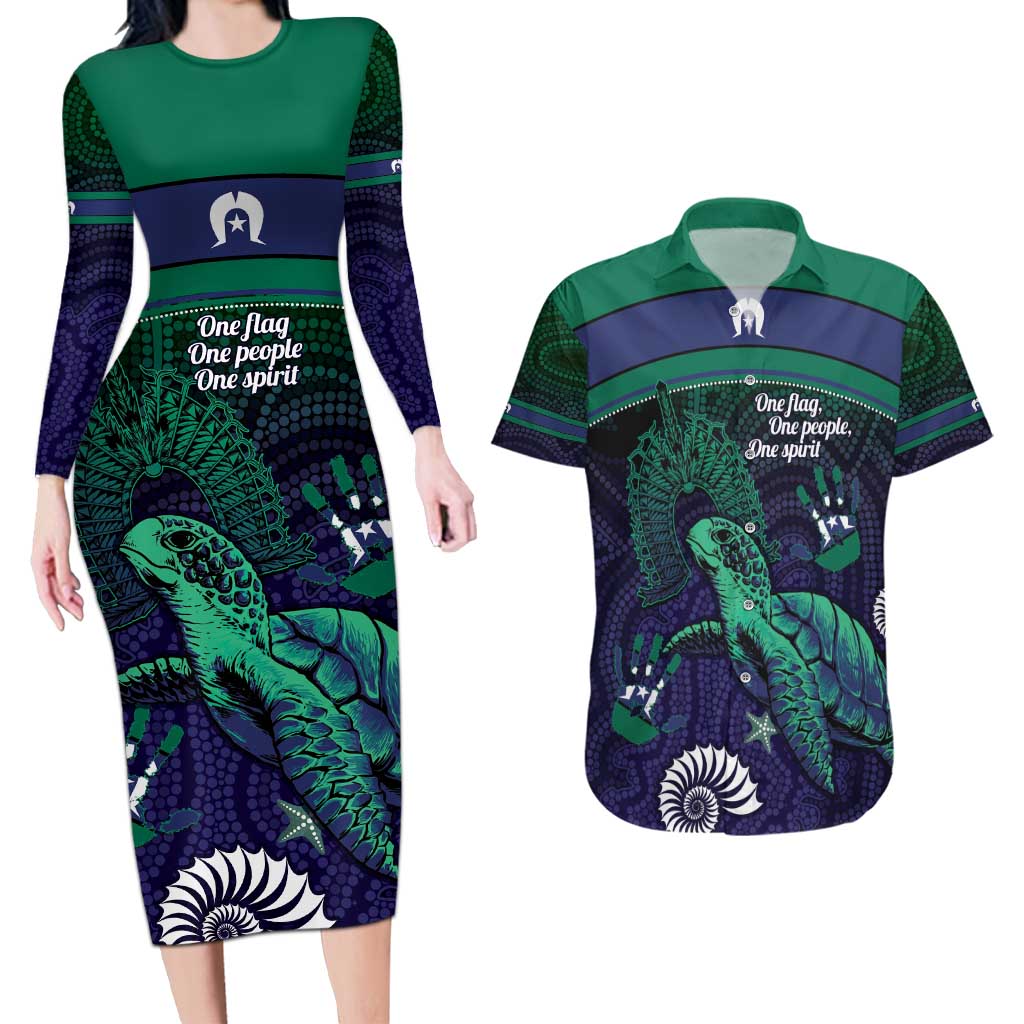 Torres Strait Islanders Flag Day Couples Matching Long Sleeve Bodycon Dress and Hawaiian Shirt Dhari One Flag One People One Spirit