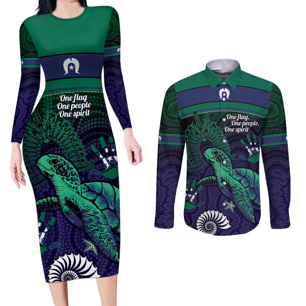 Torres Strait Islanders Flag Day Couples Matching Long Sleeve Bodycon Dress and Long Sleeve Button Shirt Dhari One Flag One People One Spirit