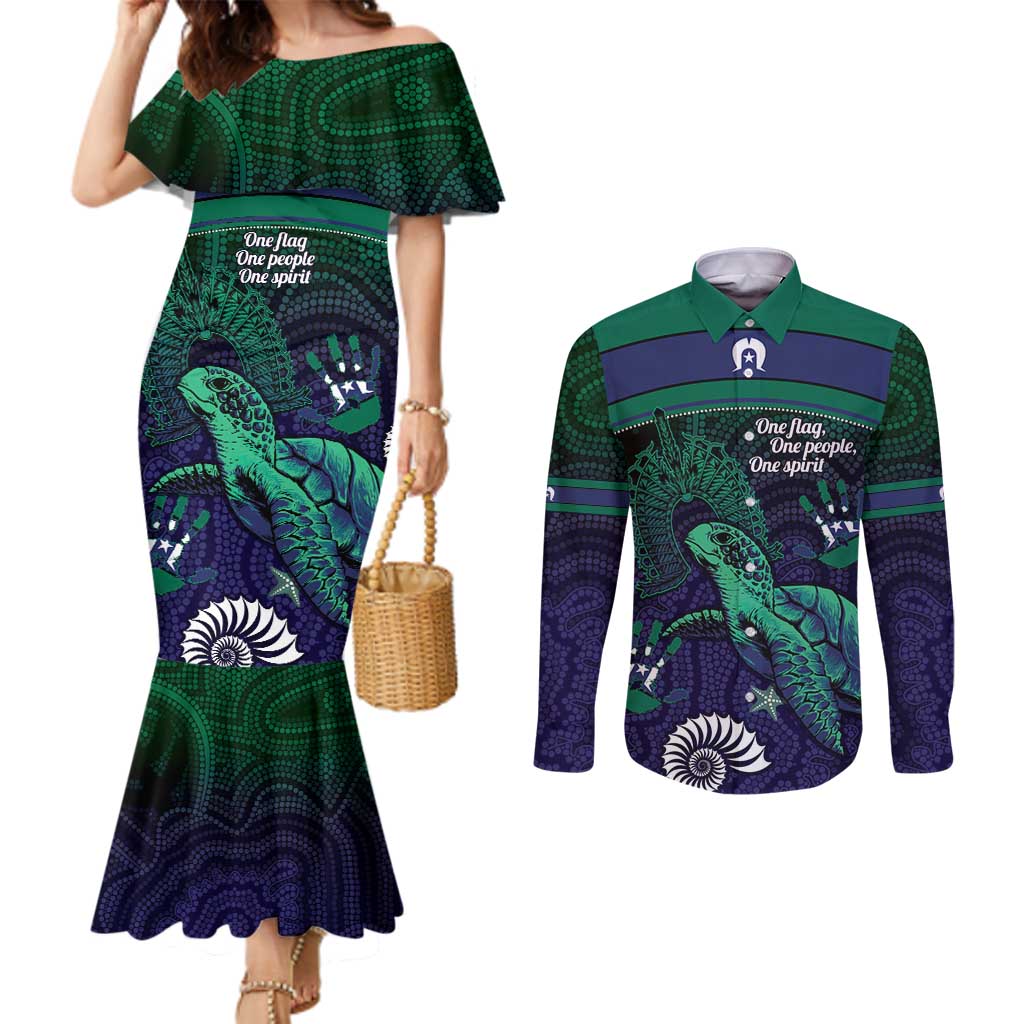Torres Strait Islanders Flag Day Couples Matching Mermaid Dress and Long Sleeve Button Shirt Dhari One Flag One People One Spirit