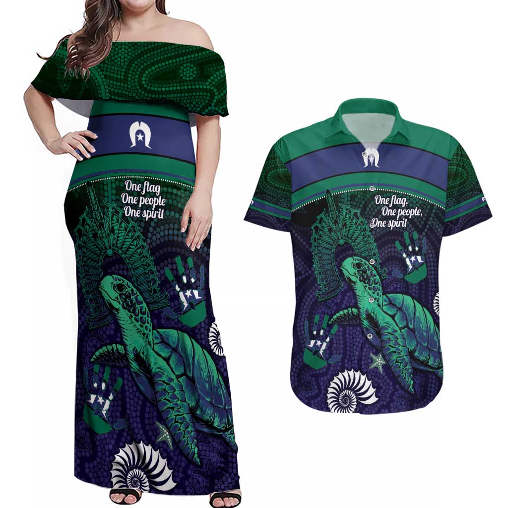 Torres Strait Islanders Flag Day Couples Matching Off Shoulder Maxi Dress and Hawaiian Shirt Dhari One Flag One People One Spirit