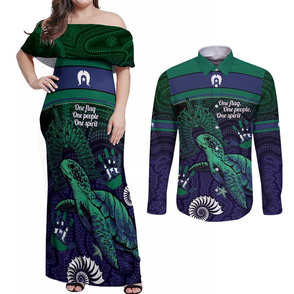 Torres Strait Islanders Flag Day Couples Matching Off Shoulder Maxi Dress and Long Sleeve Button Shirt Dhari One Flag One People One Spirit