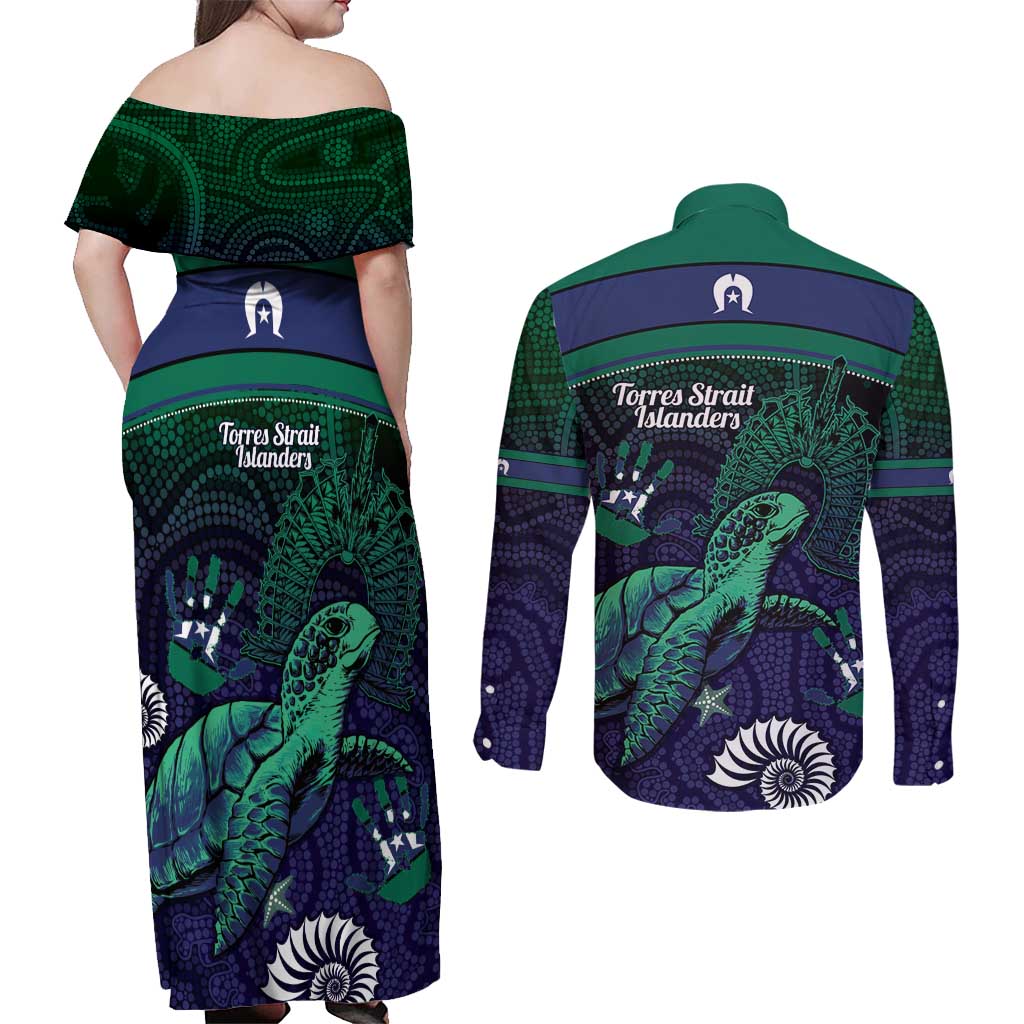 Torres Strait Islanders Flag Day Couples Matching Off Shoulder Maxi Dress and Long Sleeve Button Shirt Dhari One Flag One People One Spirit