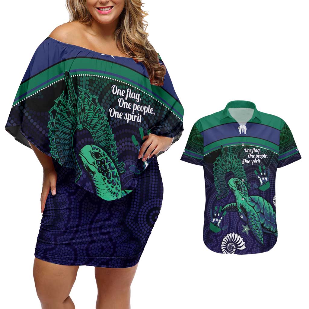 Torres Strait Islanders Flag Day Couples Matching Off Shoulder Short Dress and Hawaiian Shirt Dhari One Flag One People One Spirit