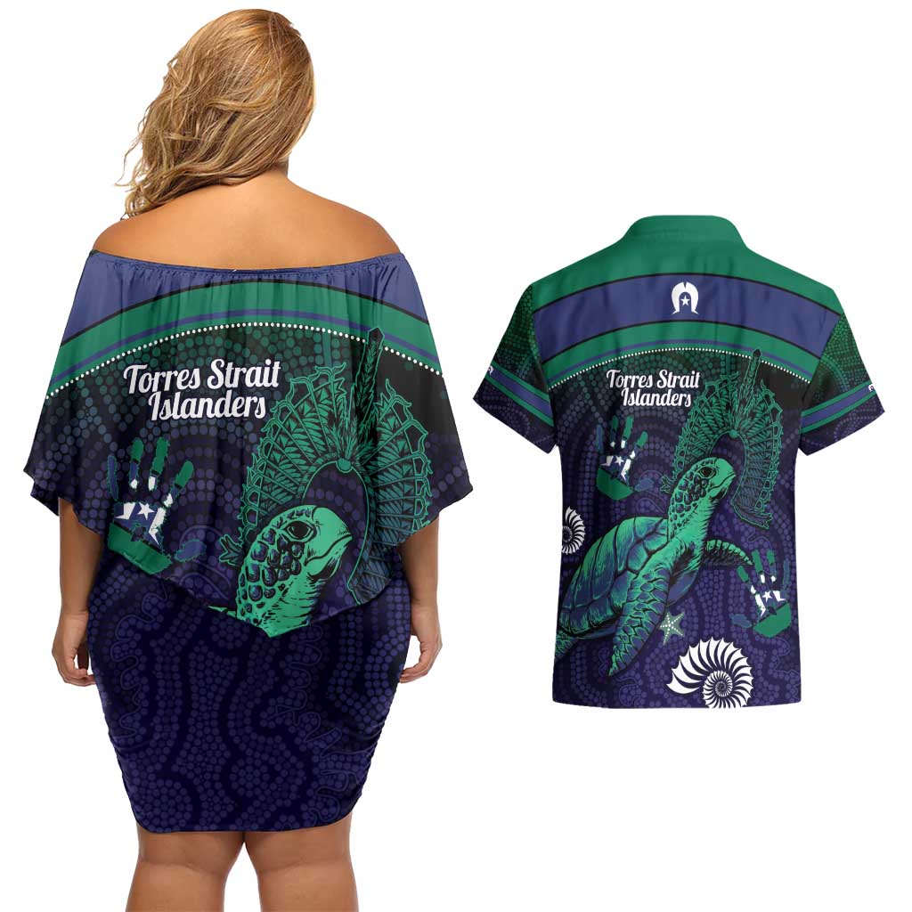 Torres Strait Islanders Flag Day Couples Matching Off Shoulder Short Dress and Hawaiian Shirt Dhari One Flag One People One Spirit