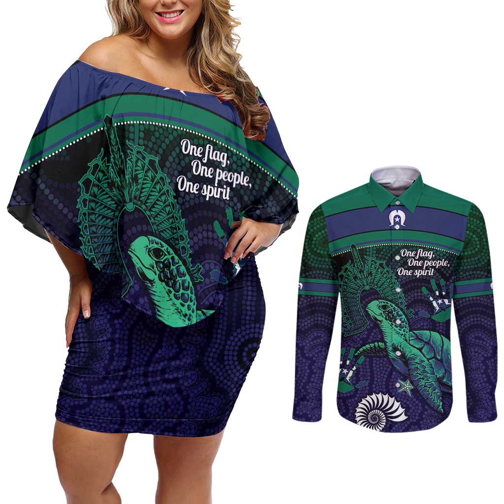Torres Strait Islanders Flag Day Couples Matching Off Shoulder Short Dress and Long Sleeve Button Shirt Dhari One Flag One People One Spirit