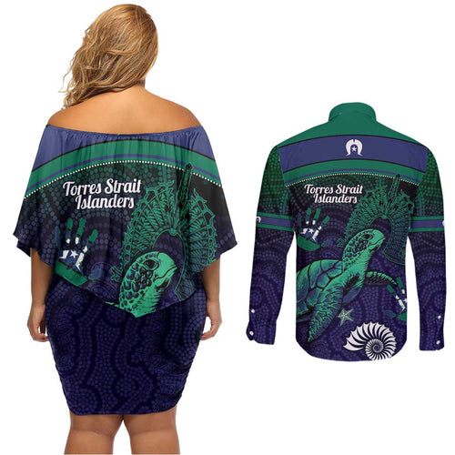 Torres Strait Islanders Flag Day Couples Matching Off Shoulder Short Dress and Long Sleeve Button Shirt Dhari One Flag One People One Spirit
