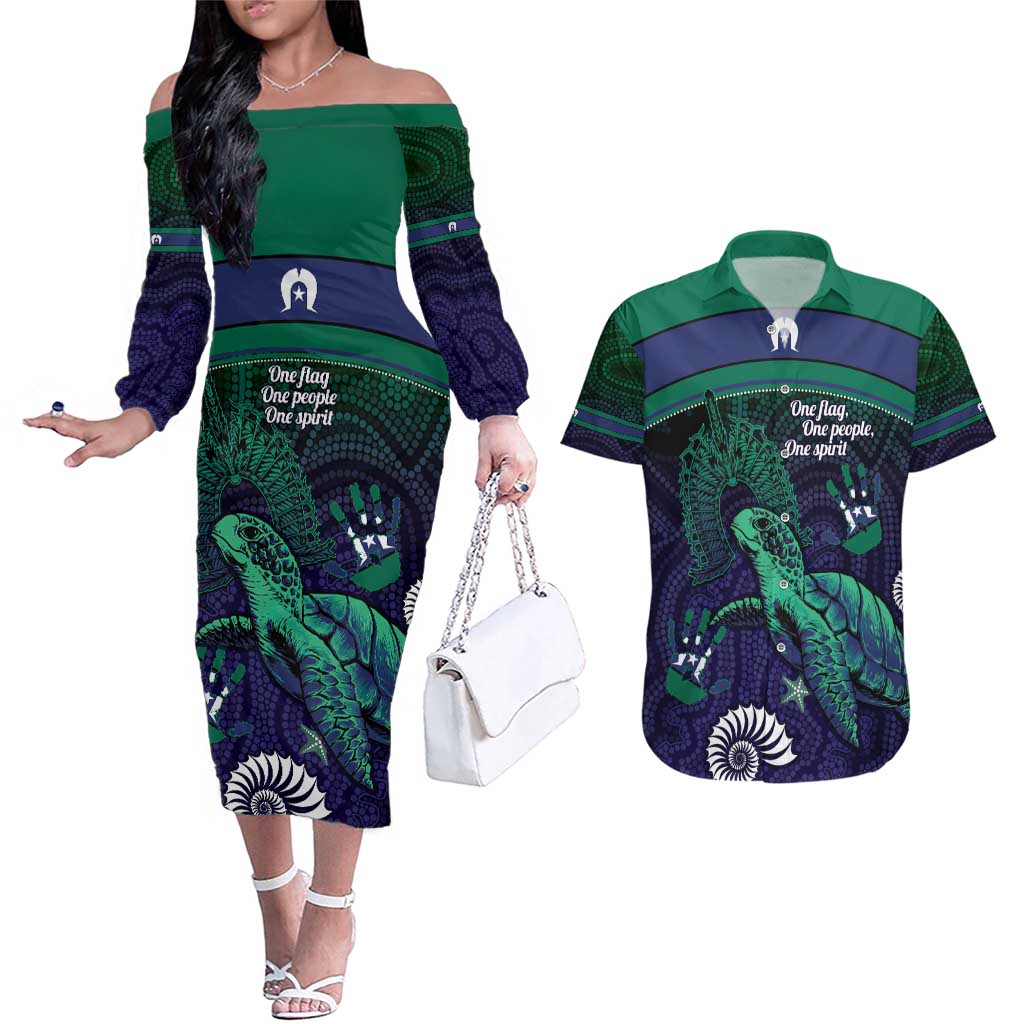 Torres Strait Islanders Flag Day Couples Matching Off The Shoulder Long Sleeve Dress and Hawaiian Shirt Dhari One Flag One People One Spirit
