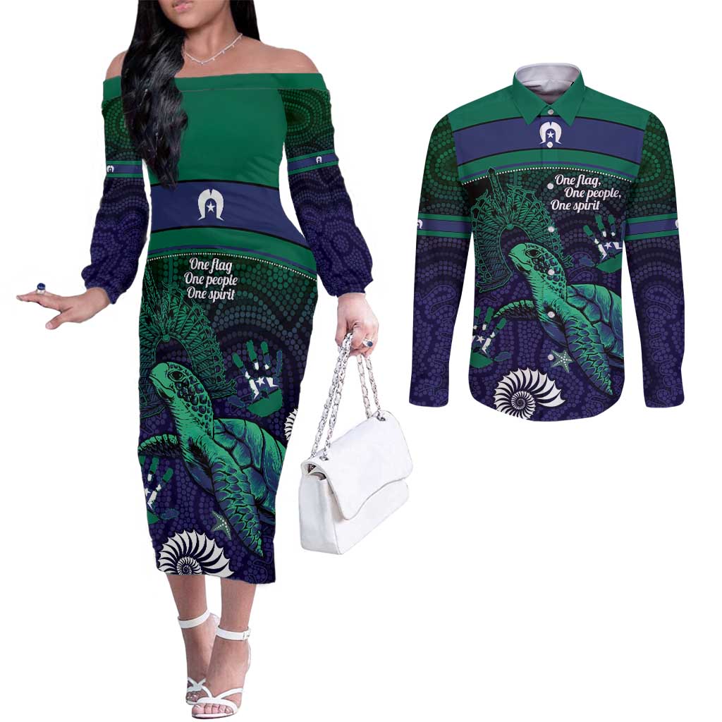 Torres Strait Islanders Flag Day Couples Matching Off The Shoulder Long Sleeve Dress and Long Sleeve Button Shirt Dhari One Flag One People One Spirit