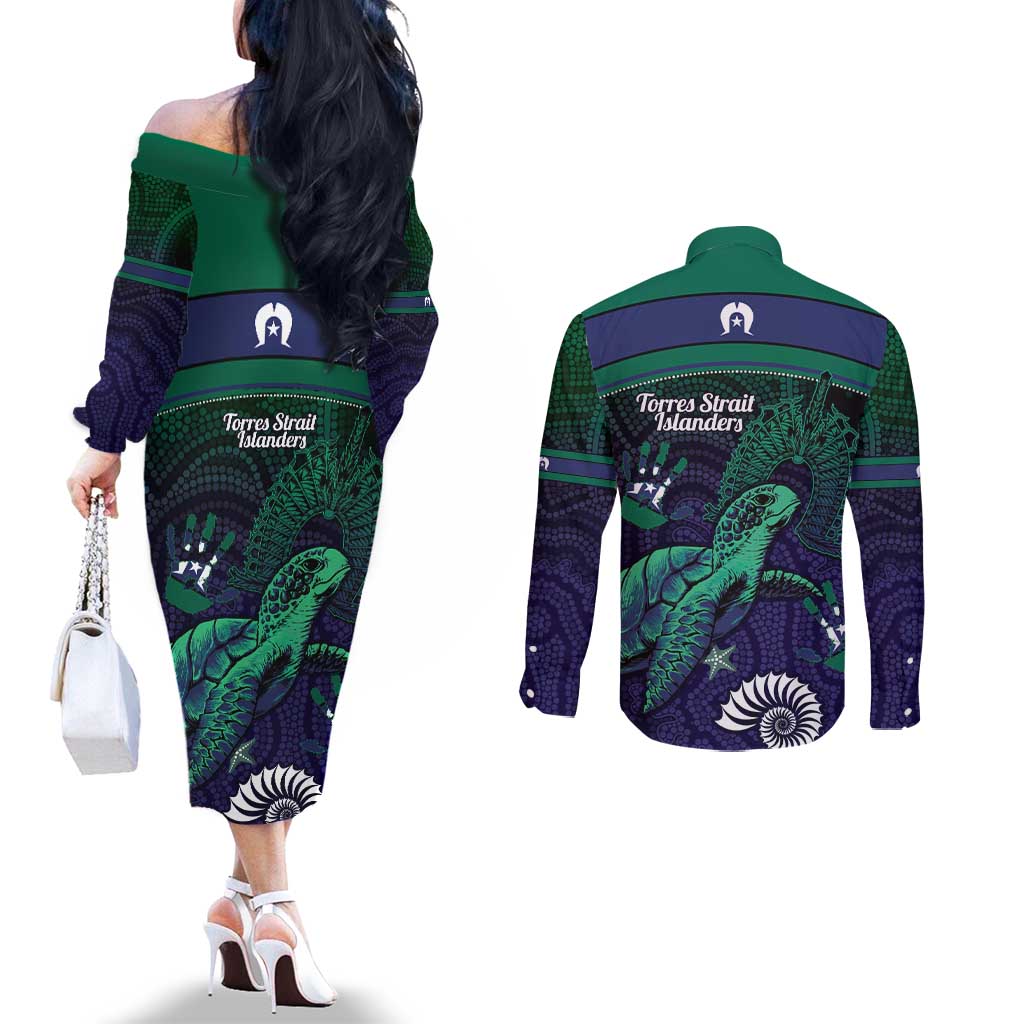 Torres Strait Islanders Flag Day Couples Matching Off The Shoulder Long Sleeve Dress and Long Sleeve Button Shirt Dhari One Flag One People One Spirit