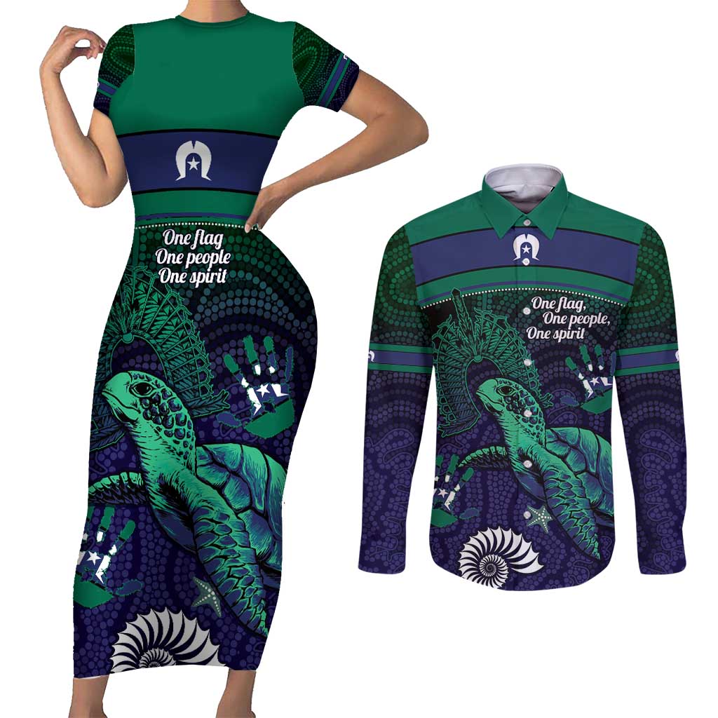 Torres Strait Islanders Flag Day Couples Matching Short Sleeve Bodycon Dress and Long Sleeve Button Shirt Dhari One Flag One People One Spirit