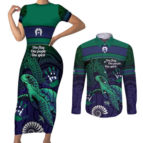 Torres Strait Islanders Flag Day Couples Matching Short Sleeve Bodycon Dress and Long Sleeve Button Shirt Dhari One Flag One People One Spirit