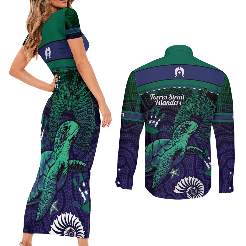 Torres Strait Islanders Flag Day Couples Matching Short Sleeve Bodycon Dress and Long Sleeve Button Shirt Dhari One Flag One People One Spirit