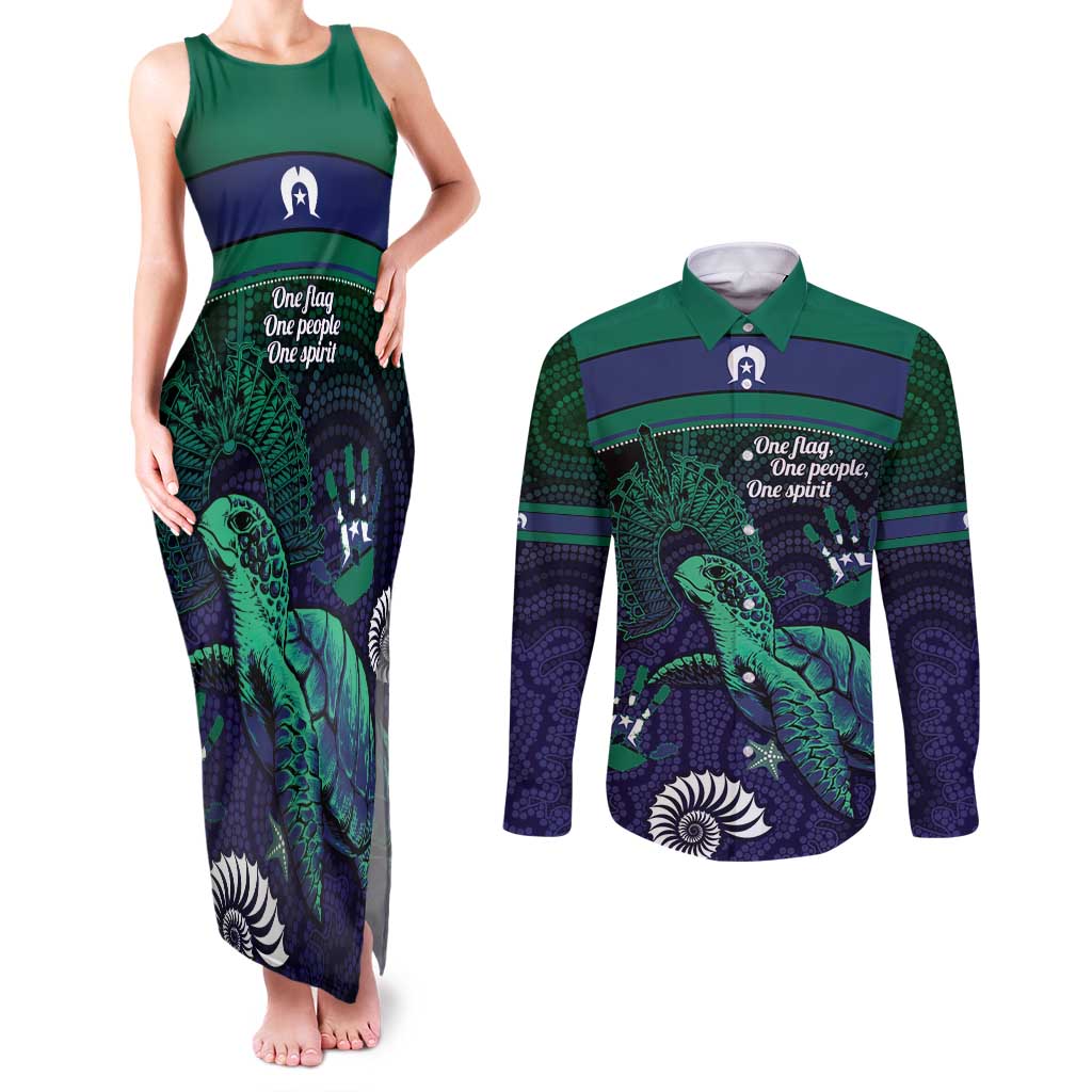 Torres Strait Islanders Flag Day Couples Matching Tank Maxi Dress and Long Sleeve Button Shirt Dhari One Flag One People One Spirit