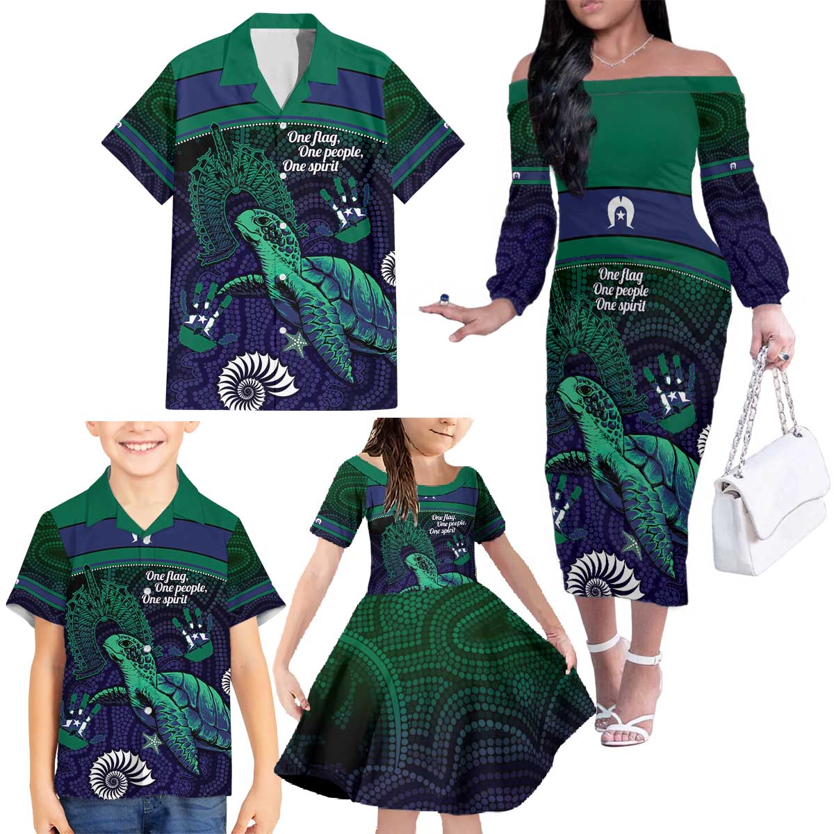 Torres Strait Islanders Flag Day Family Matching Off The Shoulder Long Sleeve Dress and Hawaiian Shirt Dhari One Flag One People One Spirit