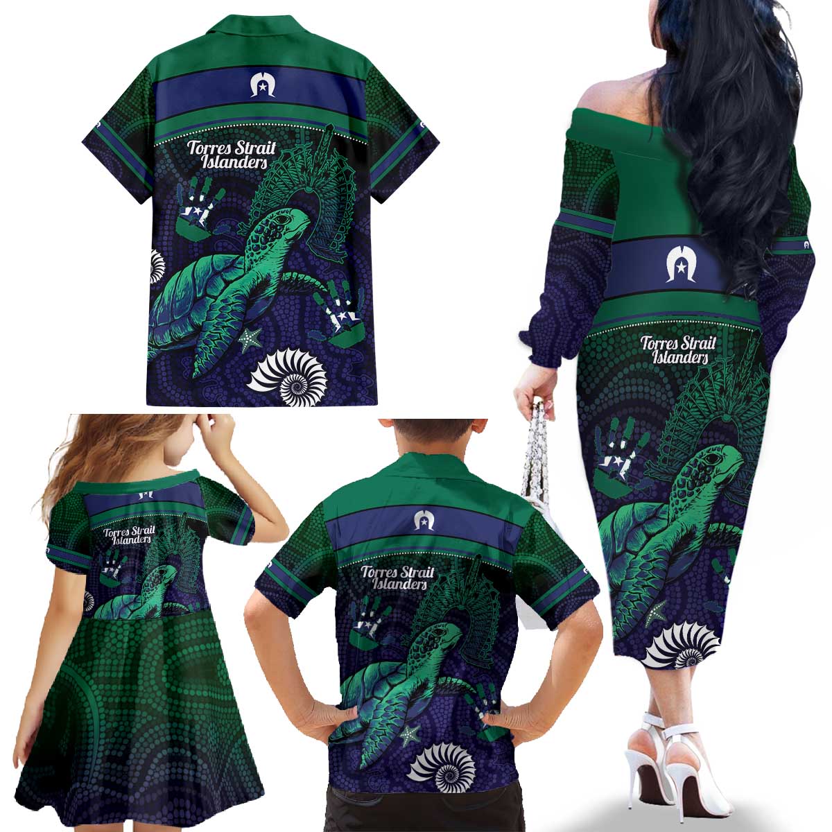 Torres Strait Islanders Flag Day Family Matching Off The Shoulder Long Sleeve Dress and Hawaiian Shirt Dhari One Flag One People One Spirit