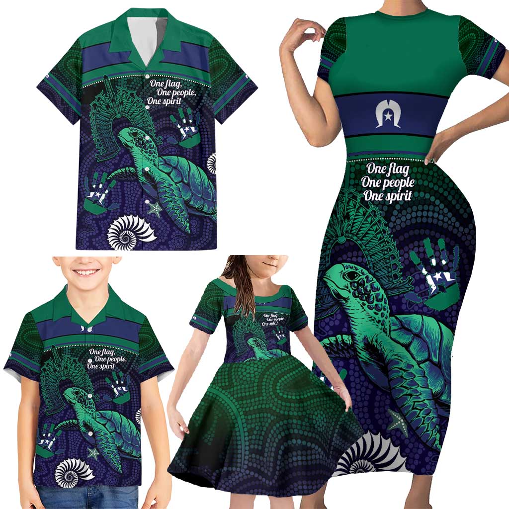 Torres Strait Islanders Flag Day Family Matching Short Sleeve Bodycon Dress and Hawaiian Shirt Dhari One Flag One People One Spirit