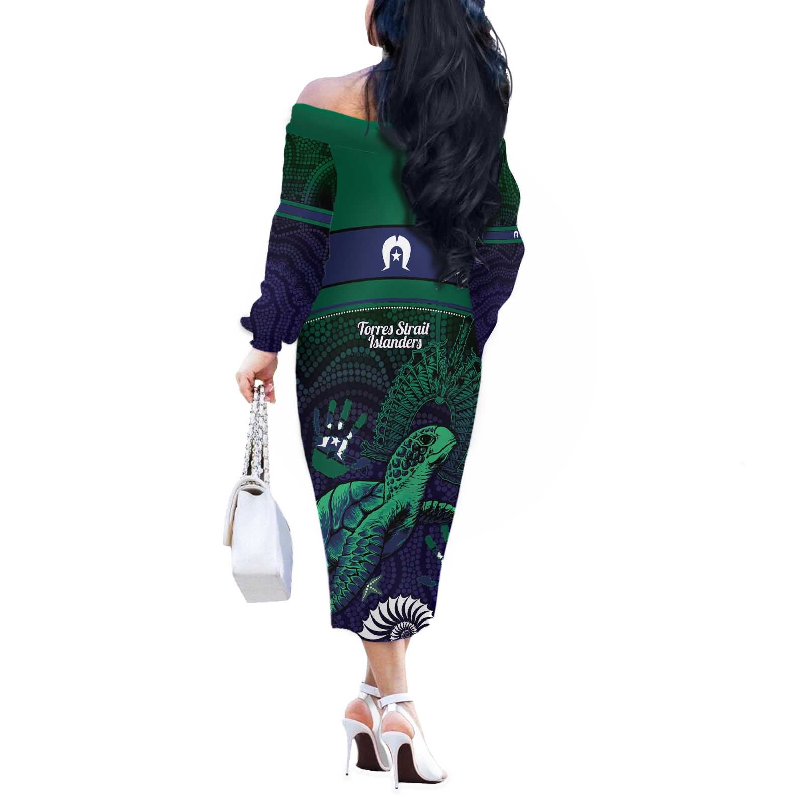 Torres Strait Islanders Flag Day Off The Shoulder Long Sleeve Dress Dhari One Flag One People One Spirit