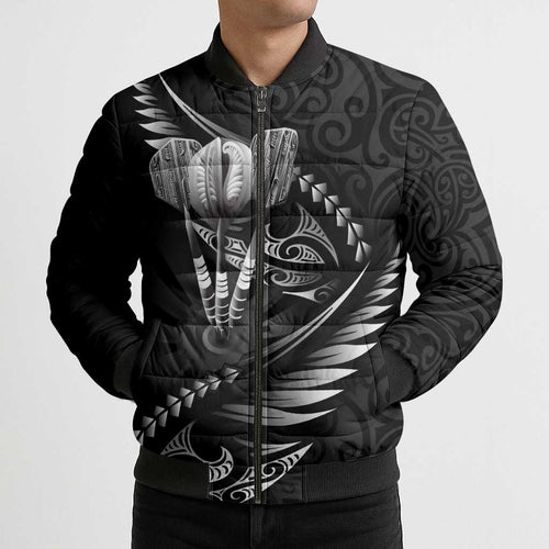 Personalised All Black New Zealand Darts Bomber Puffer Jacket Aoteroa Fern Maori Galaxy Style - Aussie Hoodie