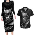 Personalised All Black New Zealand Darts Couples Matching Long Sleeve Bodycon Dress and Hawaiian Shirt Aoteroa Fern Maori Galaxy Style