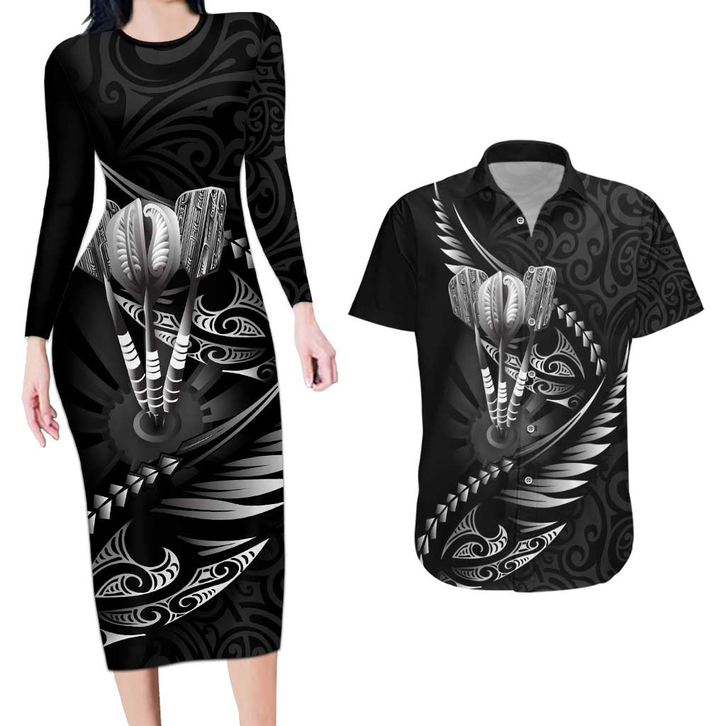 Personalised All Black New Zealand Darts Couples Matching Long Sleeve Bodycon Dress and Hawaiian Shirt Aoteroa Fern Maori Galaxy Style
