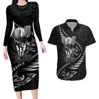 Personalised All Black New Zealand Darts Couples Matching Long Sleeve Bodycon Dress and Hawaiian Shirt Aoteroa Fern Maori Galaxy Style