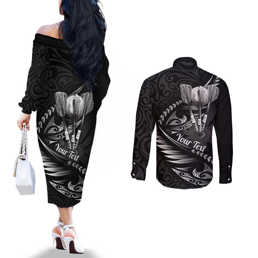 Personalised All Black New Zealand Darts Couples Matching Off The Shoulder Long Sleeve Dress and Long Sleeve Button Shirt Aoteroa Fern Maori Galaxy Style