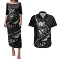 Personalised All Black New Zealand Darts Couples Matching Puletasi and Hawaiian Shirt Aoteroa Fern Maori Galaxy Style
