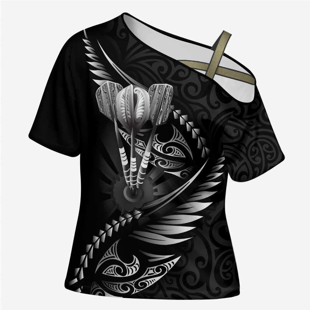 Personalised All Black New Zealand Darts Cross Shoulder Shirt Aoteroa Fern Maori Galaxy Style - Aussie Hoodie