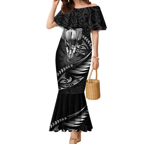 Personalised All Black New Zealand Darts Family Matching Mermaid Dress and Hawaiian Shirt Aoteroa Fern Maori Galaxy Style