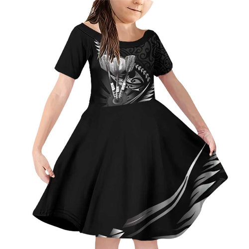 Personalised All Black New Zealand Darts Family Matching Off Shoulder Short Dress and Hawaiian Shirt Aoteroa Fern Maori Galaxy Style