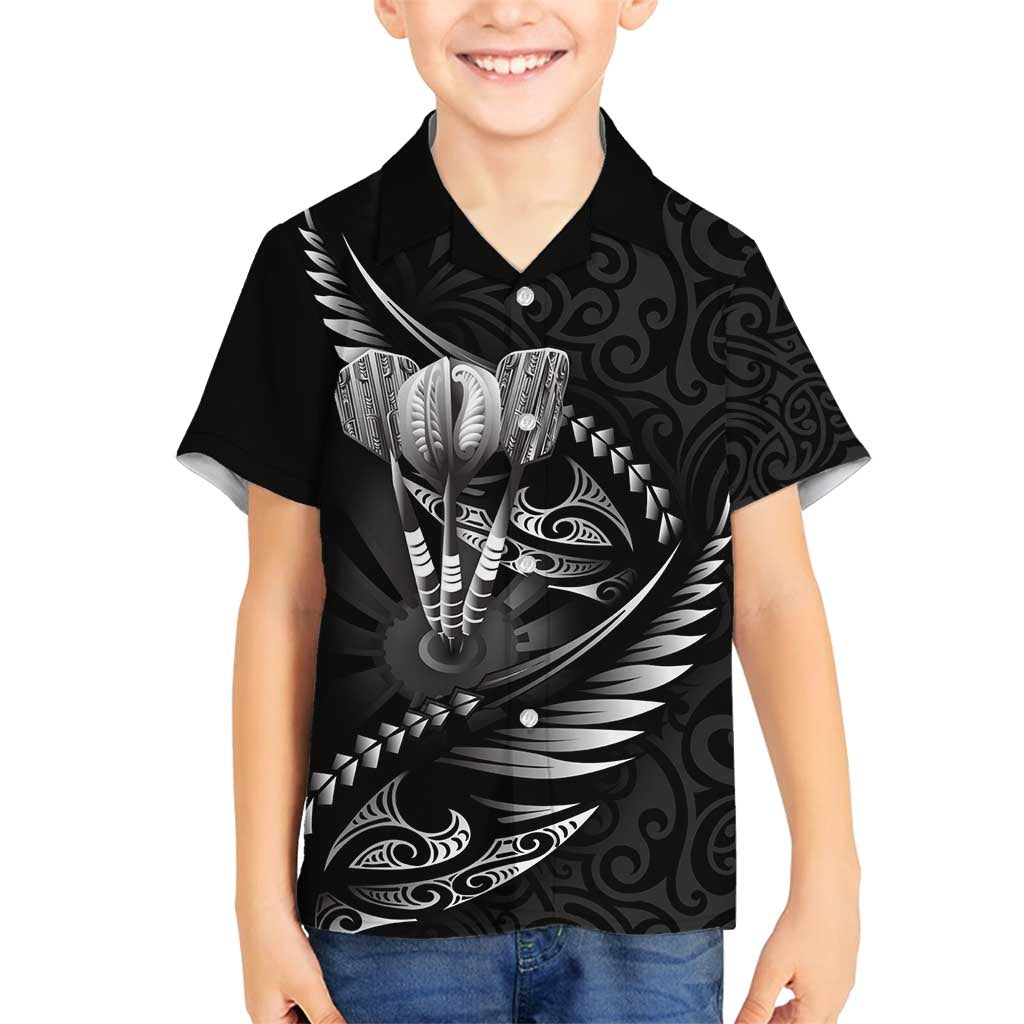 Personalised All Black New Zealand Darts Family Matching Off Shoulder Short Dress and Hawaiian Shirt Aoteroa Fern Maori Galaxy Style