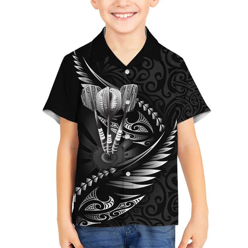 Personalised All Black New Zealand Darts Family Matching Off Shoulder Short Dress and Hawaiian Shirt Aoteroa Fern Maori Galaxy Style