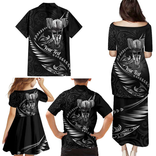 Personalised All Black New Zealand Darts Family Matching Puletasi and Hawaiian Shirt Aoteroa Fern Maori Galaxy Style