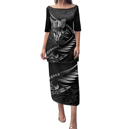 Personalised All Black New Zealand Darts Family Matching Puletasi and Hawaiian Shirt Aoteroa Fern Maori Galaxy Style