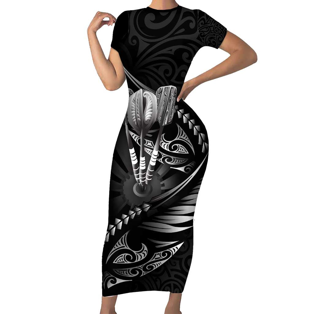 Personalised All Black New Zealand Darts Family Matching Short Sleeve Bodycon Dress and Hawaiian Shirt Aoteroa Fern Maori Galaxy Style