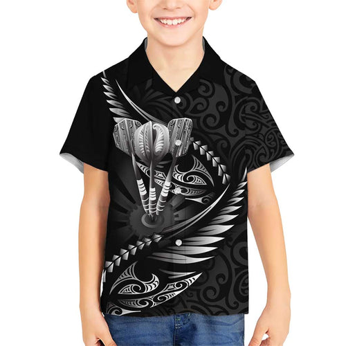 Personalised All Black New Zealand Darts Family Matching Short Sleeve Bodycon Dress and Hawaiian Shirt Aoteroa Fern Maori Galaxy Style